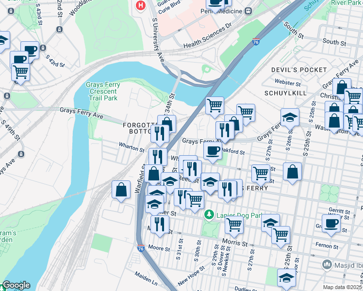 map of restaurants, bars, coffee shops, grocery stores, and more near 3218 Grays Ferry Avenue in Philadelphia