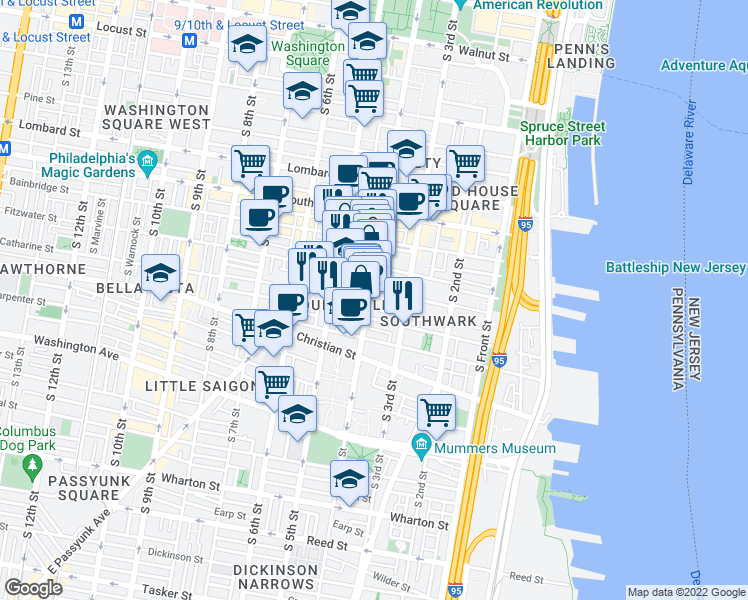 map of restaurants, bars, coffee shops, grocery stores, and more near 755 South 4th Street in Philadelphia