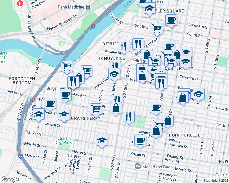 map of restaurants, bars, coffee shops, grocery stores, and more near 1147 South 26th Street in Philadelphia