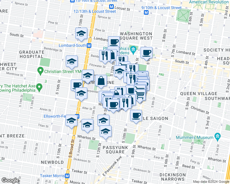 map of restaurants, bars, coffee shops, grocery stores, and more near 1114 Hall Street in Philadelphia