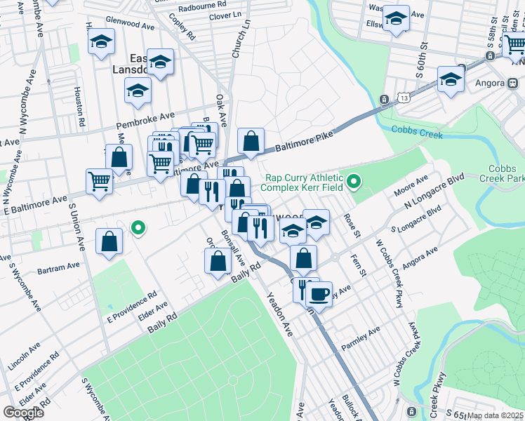 map of restaurants, bars, coffee shops, grocery stores, and more near 829 Myra Avenue in Yeadon