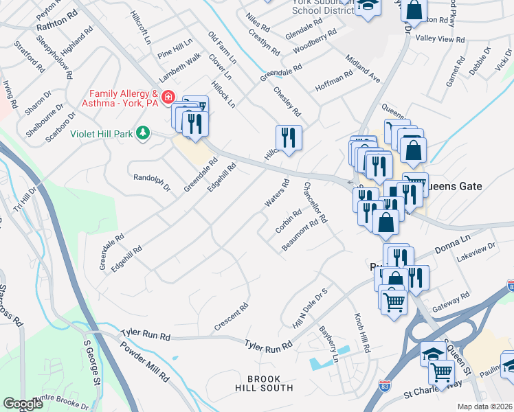 map of restaurants, bars, coffee shops, grocery stores, and more near 459 Waters Road in York