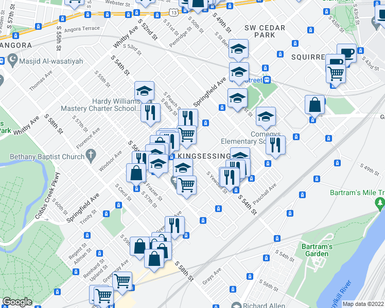map of restaurants, bars, coffee shops, grocery stores, and more near 5415 Regent Street in Philadelphia