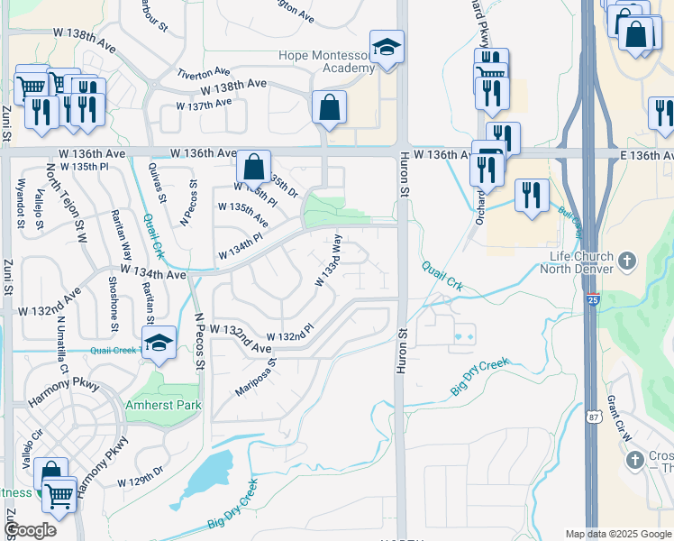 map of restaurants, bars, coffee shops, grocery stores, and more near 1099 West 133rd Way in Westminster
