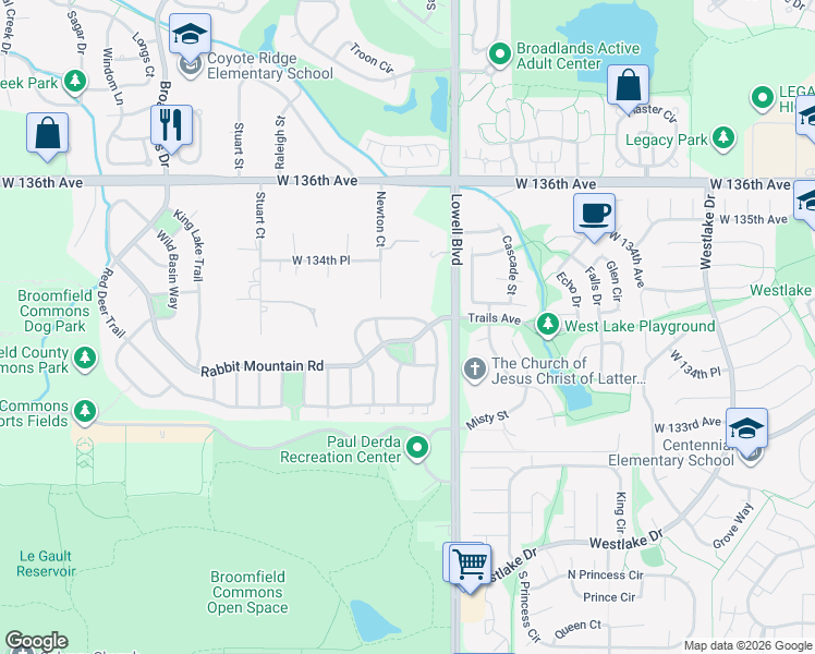 map of restaurants, bars, coffee shops, grocery stores, and more near 3704 Shadow Canyon Trail in Broomfield