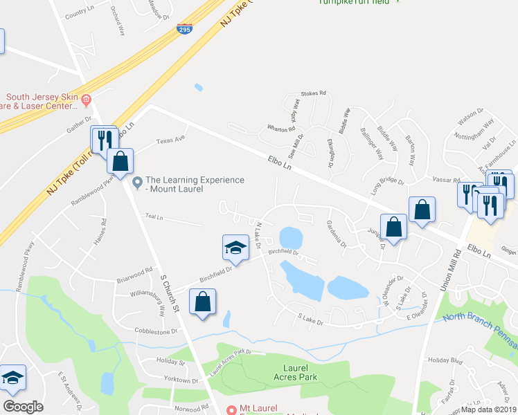 map of restaurants, bars, coffee shops, grocery stores, and more near 119A West Bluebell Lane in Mount Laurel Township