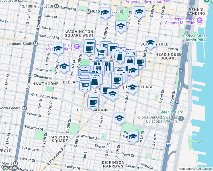 map of restaurants, bars, coffee shops, grocery stores, and more near 641 Catharine Street in Philadelphia