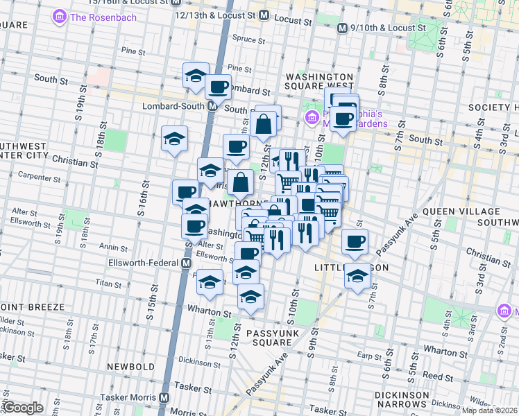 map of restaurants, bars, coffee shops, grocery stores, and more near 1118 Montrose Street in Philadelphia