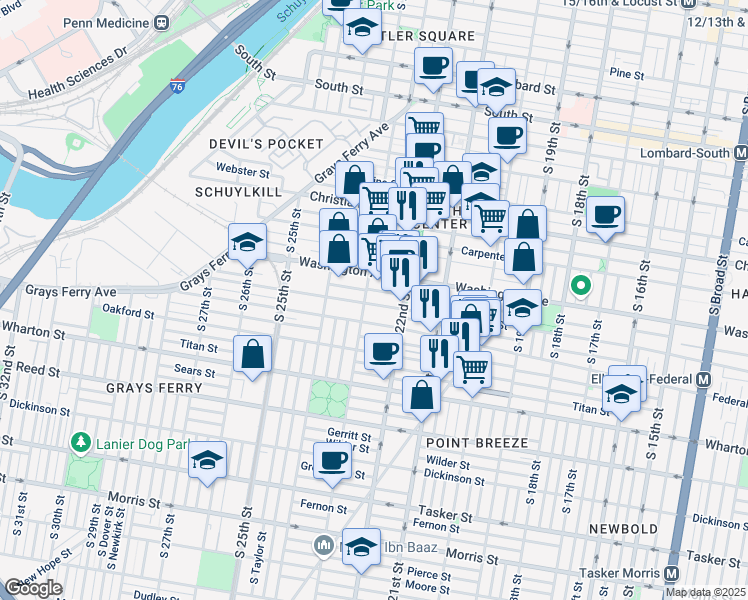 map of restaurants, bars, coffee shops, grocery stores, and more near in Philadelphia