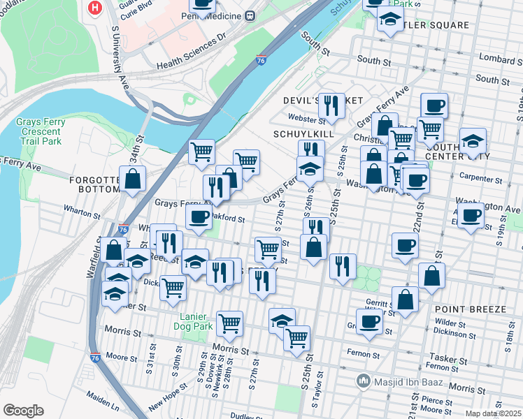 map of restaurants, bars, coffee shops, grocery stores, and more near 2719 Federal Street in Philadelphia