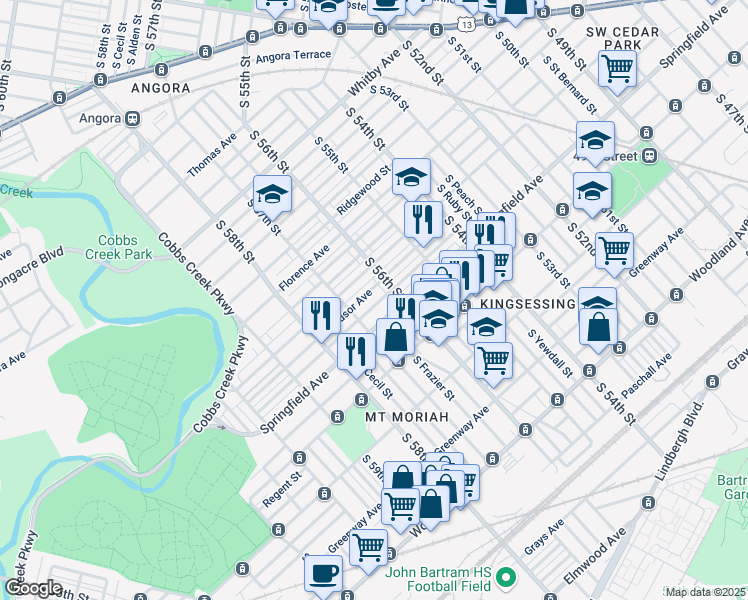 map of restaurants, bars, coffee shops, grocery stores, and more near 5633 Belmar Terrace in Philadelphia