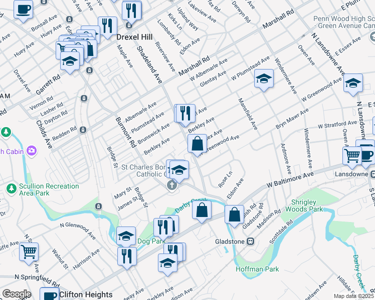 map of restaurants, bars, coffee shops, grocery stores, and more near 3208 Ashy Way in Drexel Hill