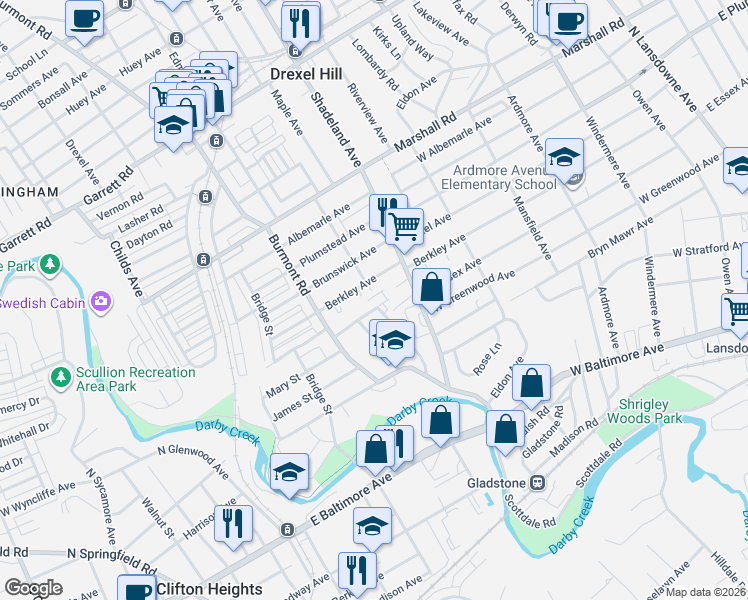 map of restaurants, bars, coffee shops, grocery stores, and more near 3406 Berkley Avenue in Drexel Hill