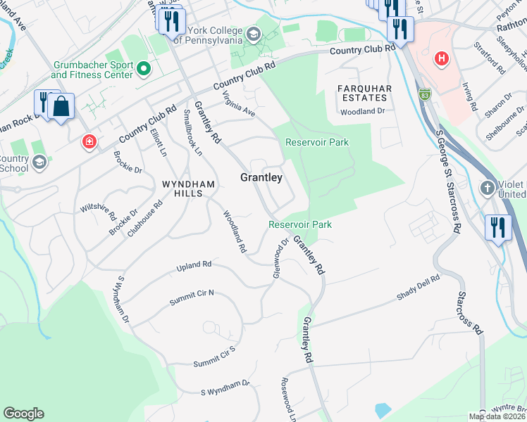 map of restaurants, bars, coffee shops, grocery stores, and more near 1290 Grantley Road in York