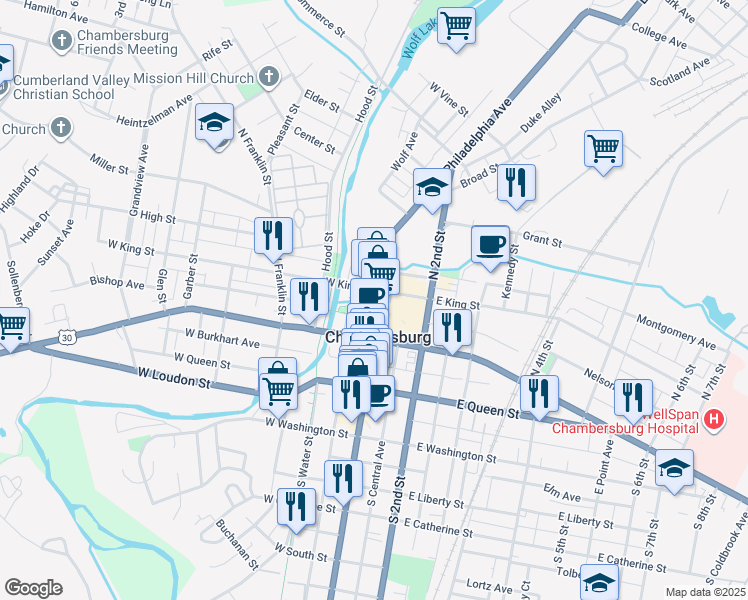 map of restaurants, bars, coffee shops, grocery stores, and more near 85 North Main Street in Chambersburg