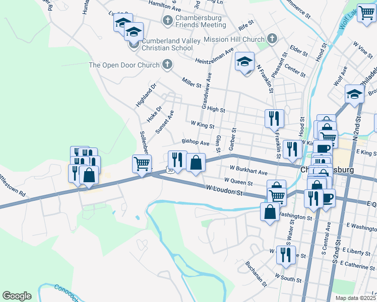 map of restaurants, bars, coffee shops, grocery stores, and more near 613 Lincoln Way West in Chambersburg