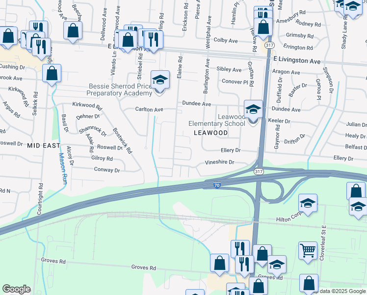 map of restaurants, bars, coffee shops, grocery stores, and more near Elaine Court in Columbus