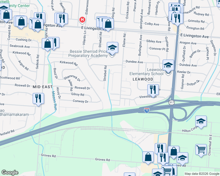 map of restaurants, bars, coffee shops, grocery stores, and more near 1704 Carstare Drive in Columbus