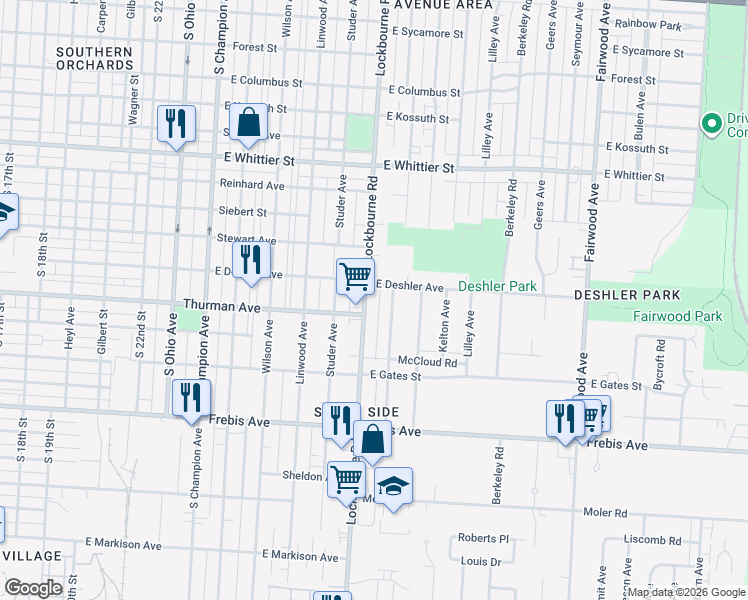 map of restaurants, bars, coffee shops, grocery stores, and more near 1311 Miller Avenue in Columbus