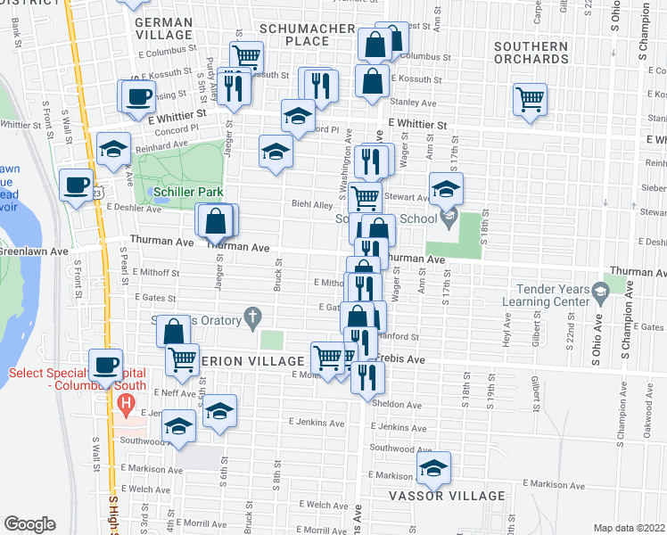 map of restaurants, bars, coffee shops, grocery stores, and more near 429 Thurman Avenue in Columbus