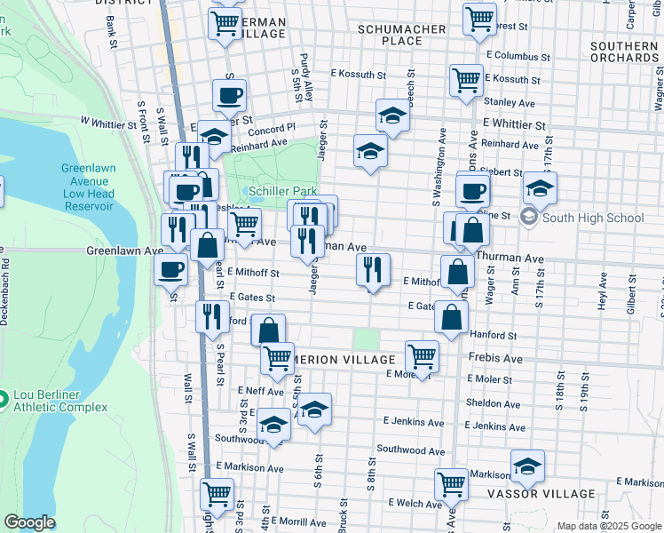 map of restaurants, bars, coffee shops, grocery stores, and more near in Columbus