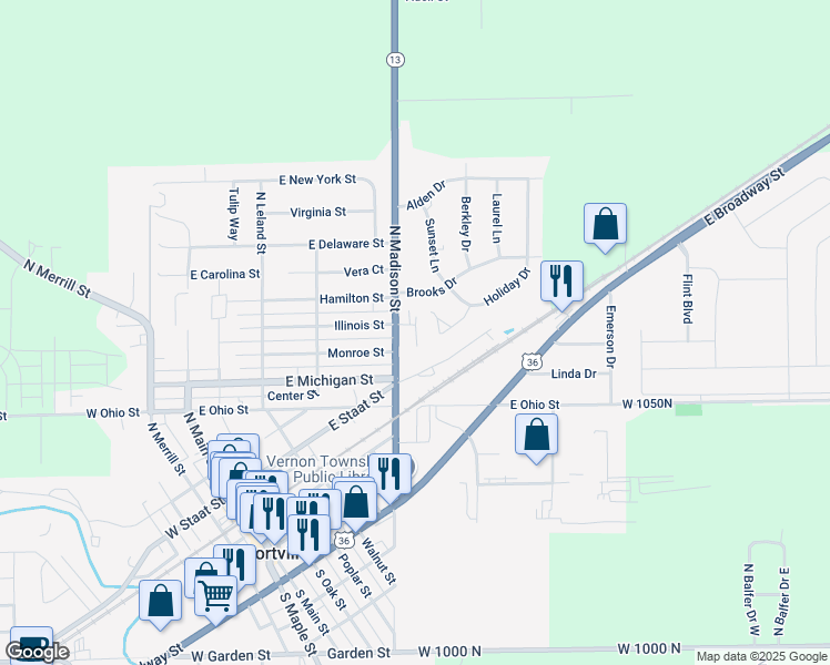 map of restaurants, bars, coffee shops, grocery stores, and more near 602 Bradley Drive in Fortville
