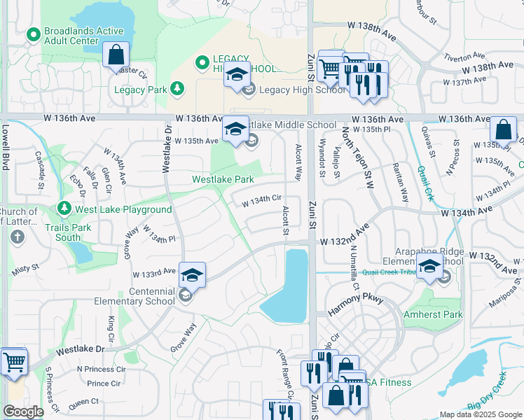 map of restaurants, bars, coffee shops, grocery stores, and more near 2597 West 133rd Circle in Broomfield