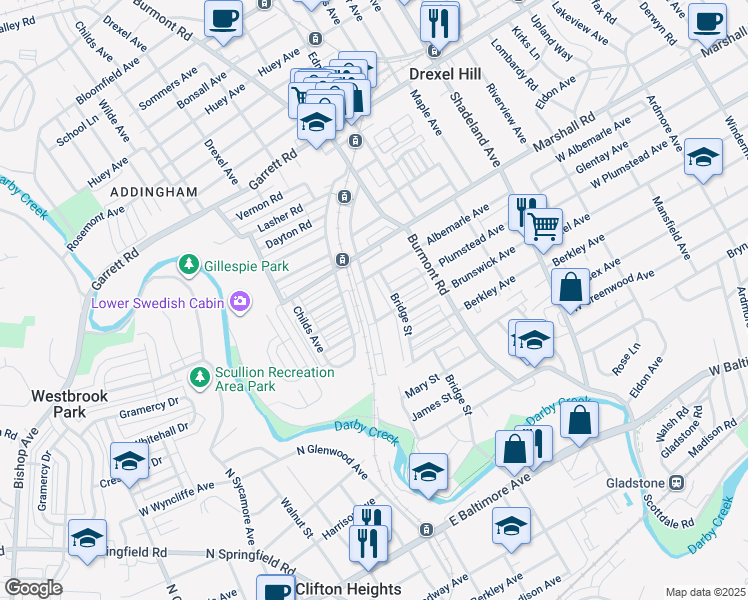 map of restaurants, bars, coffee shops, grocery stores, and more near 233 Blanchard Road in Drexel Hill