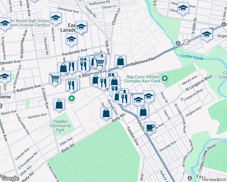 map of restaurants, bars, coffee shops, grocery stores, and more near in Yeadon