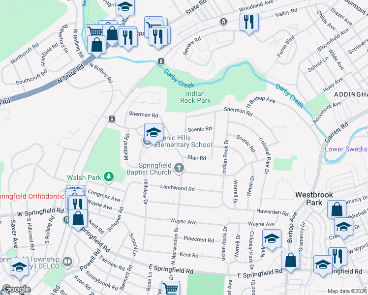 map of restaurants, bars, coffee shops, grocery stores, and more near 418 Claremont Road in Springfield