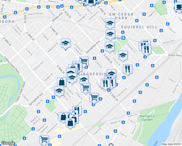 map of restaurants, bars, coffee shops, grocery stores, and more near 5400 Regent Street in Philadelphia