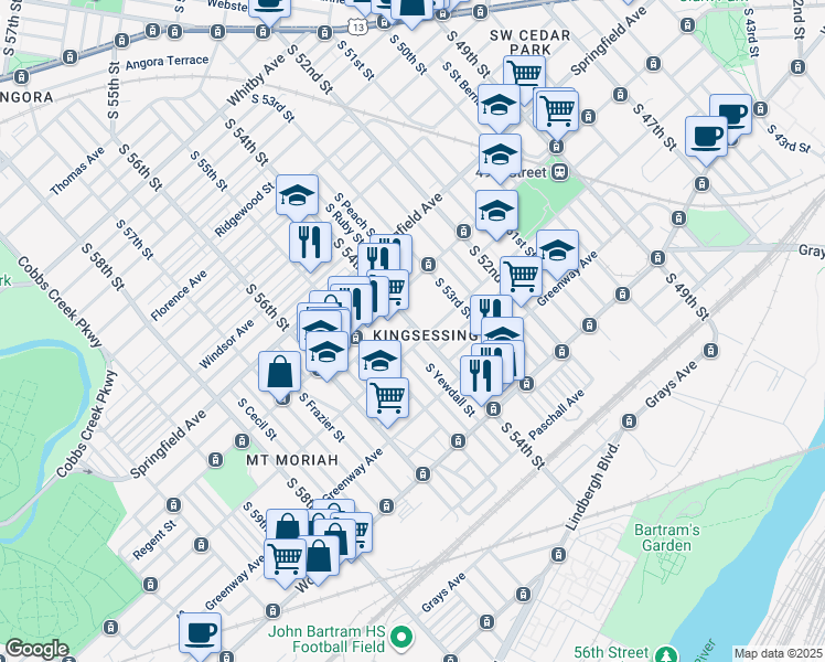 map of restaurants, bars, coffee shops, grocery stores, and more near 5400 Regent Street in Philadelphia