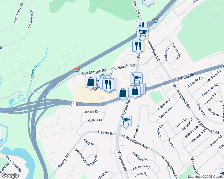 map of restaurants, bars, coffee shops, grocery stores, and more near 12 Stratford Drive in Springfield