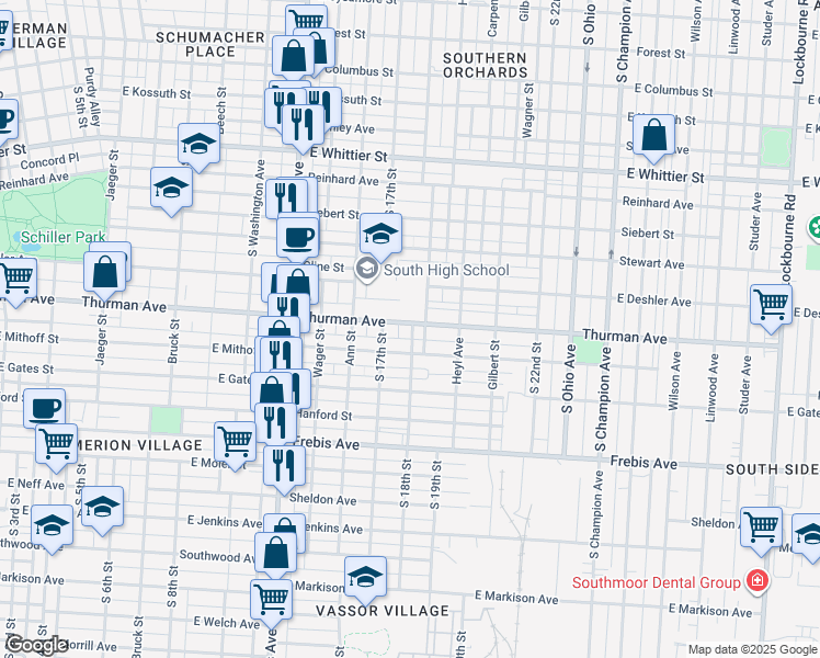 map of restaurants, bars, coffee shops, grocery stores, and more near 643 Thurman Avenue in Columbus