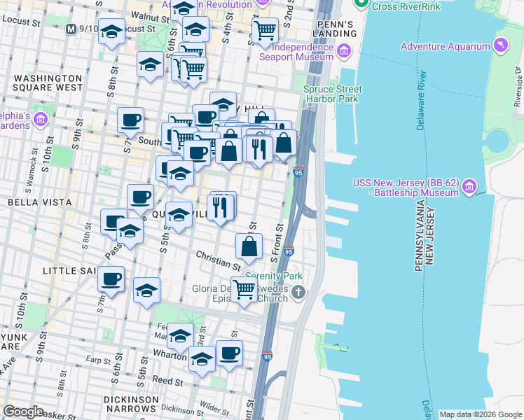 map of restaurants, bars, coffee shops, grocery stores, and more near 747 South 2nd Street in Philadelphia