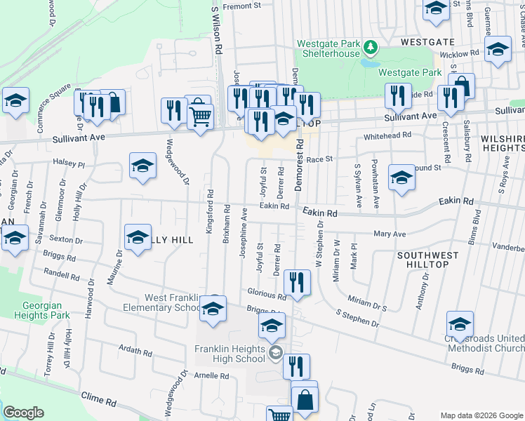 map of restaurants, bars, coffee shops, grocery stores, and more near 3537 Eakin Road in Columbus
