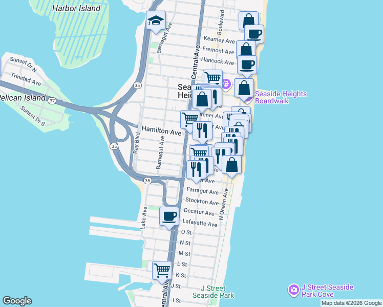 map of restaurants, bars, coffee shops, grocery stores, and more near 203 Ocean Boulevard in Seaside Heights