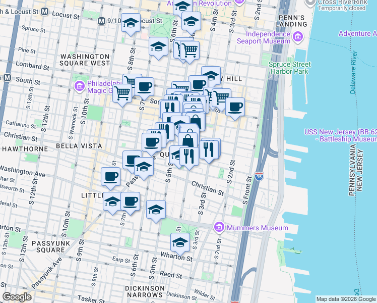 map of restaurants, bars, coffee shops, grocery stores, and more near in Philadelphia