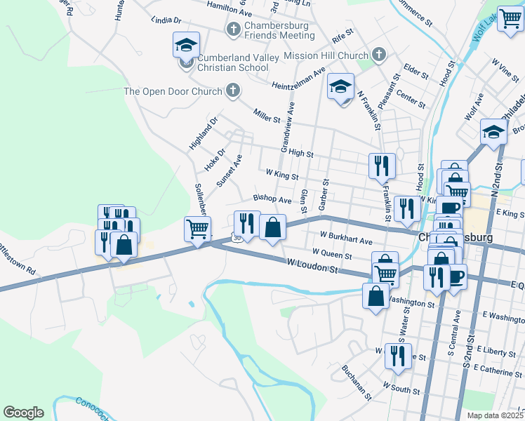 map of restaurants, bars, coffee shops, grocery stores, and more near 613 Lincoln Way West in Chambersburg