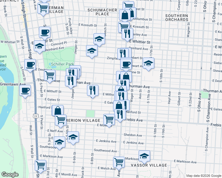 map of restaurants, bars, coffee shops, grocery stores, and more near 429 Thurman Avenue in Columbus
