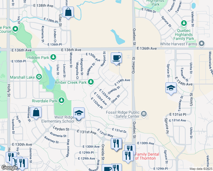 map of restaurants, bars, coffee shops, grocery stores, and more near 13345 Newport Circle in Thornton