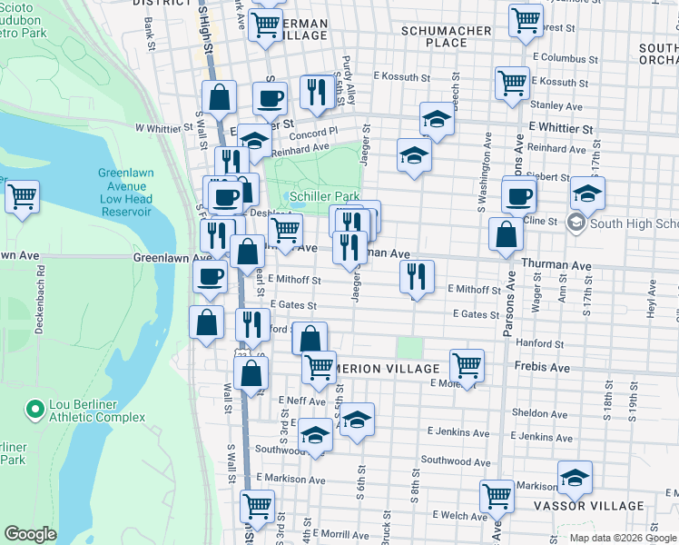 map of restaurants, bars, coffee shops, grocery stores, and more near 157 Thurman Avenue in Columbus