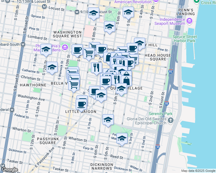 map of restaurants, bars, coffee shops, grocery stores, and more near 785 South 6th Street in Philadelphia