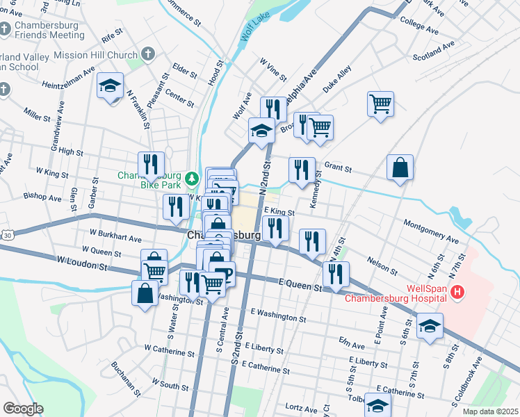 map of restaurants, bars, coffee shops, grocery stores, and more near East King Street in Chambersburg