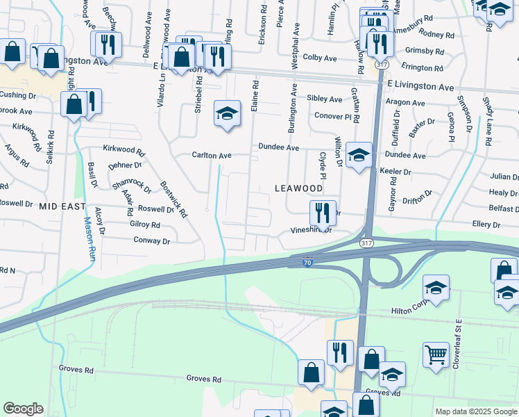 map of restaurants, bars, coffee shops, grocery stores, and more near Elaine Court in Columbus