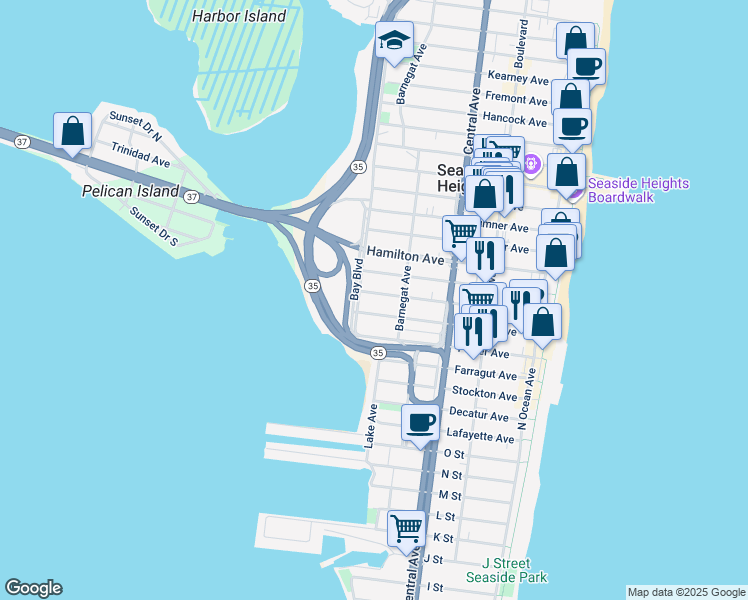map of restaurants, bars, coffee shops, grocery stores, and more near 325 Lincoln Avenue in Seaside Heights