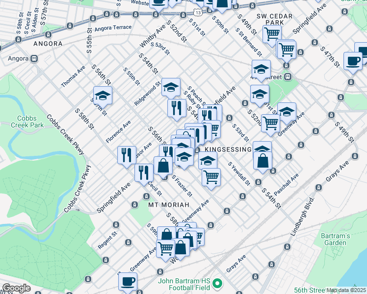 map of restaurants, bars, coffee shops, grocery stores, and more near 1426 South Vogdes Street in Philadelphia