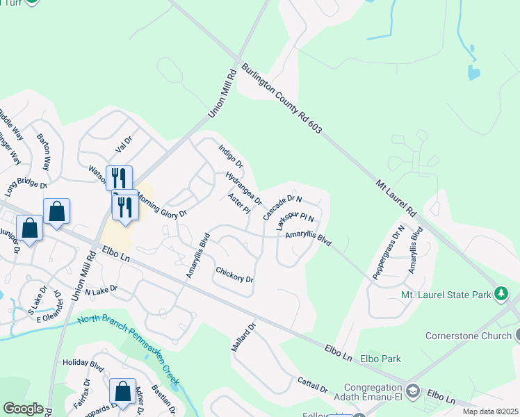 map of restaurants, bars, coffee shops, grocery stores, and more near 214 Dogwood Drive in Mount Laurel Township