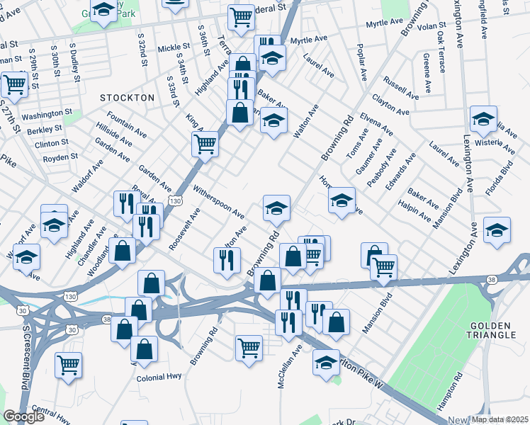 map of restaurants, bars, coffee shops, grocery stores, and more near 4436 Burwood Avenue in Pennsauken Township