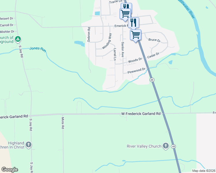 map of restaurants, bars, coffee shops, grocery stores, and more near 1331 Larrel Lane in West Milton